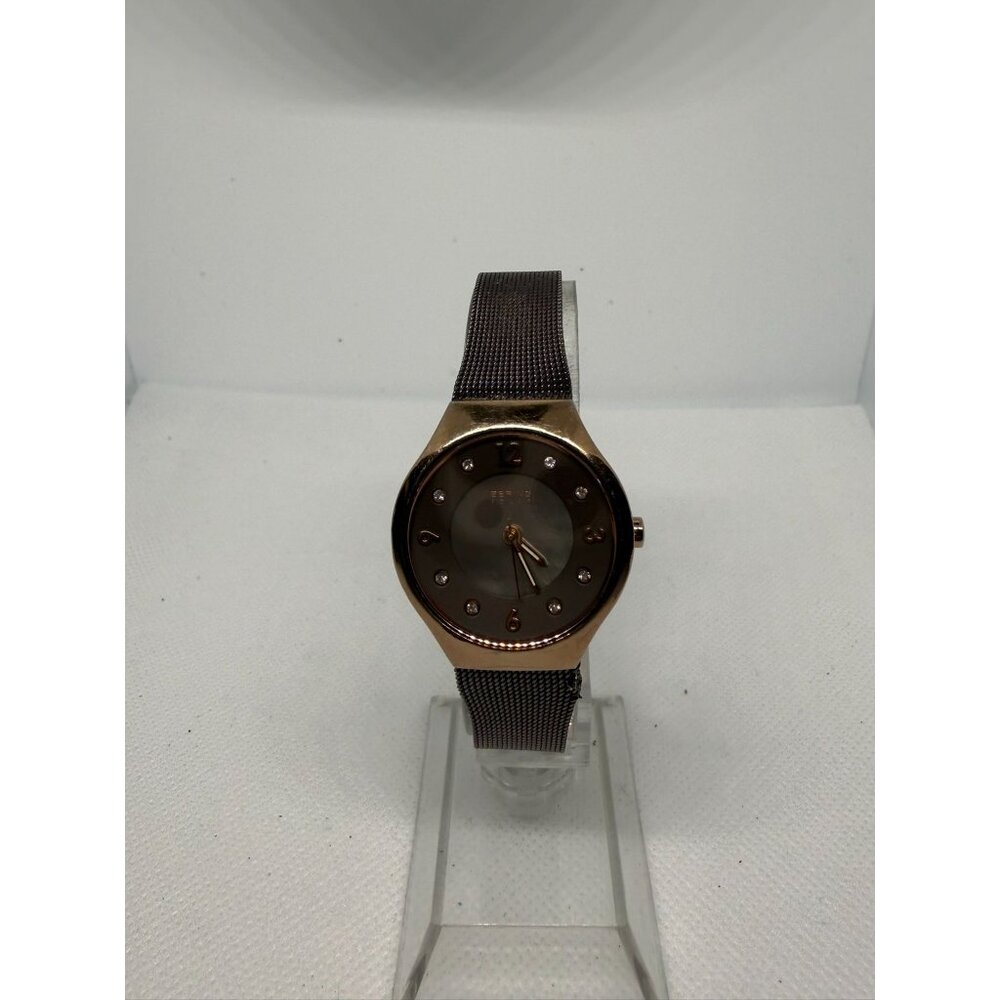 Elegant Womens Gold-Tone Watch With Brown Mesh Band & Crystal Hour Markers
